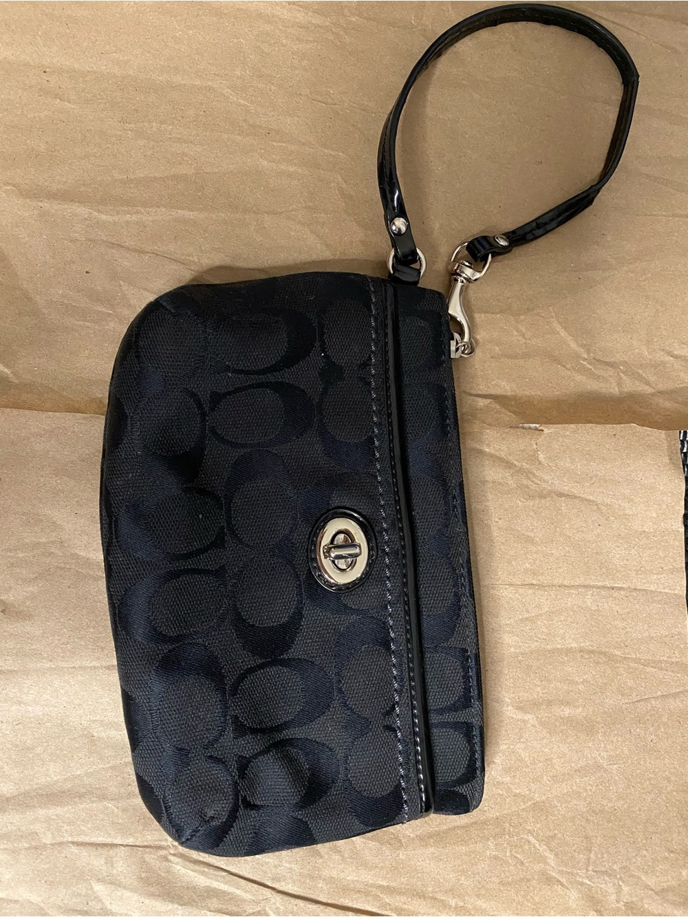 Coach Black Signature Jacquard Wristlet with Silver Hardware